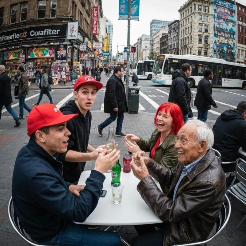 Diverse group of four people, including two young men in red hats, a woman with red hair, and an older man, laughing and engaging at a table in a bustling urban setting, surrounded by pedestrians and storefronts, reflecting a sense of community and collaboration.